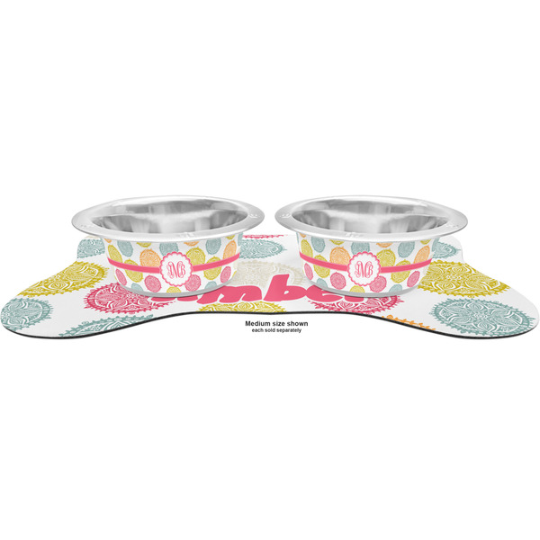 Doily Pattern Metal Pet Bowls - On Dog Bone Shaped Mat