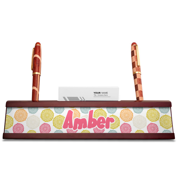 Doily Pattern Red Mahogany Nameplates with Business Card Holder - Straight