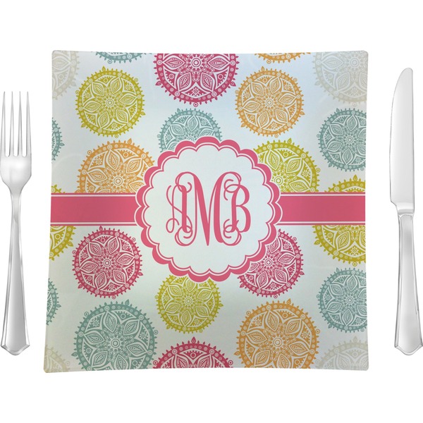 Custom Doily Pattern 9.5" Glass Square Lunch / Dinner Plate- Single or Set of 4 (Personalized)
