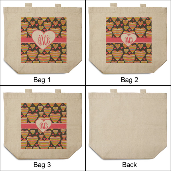 Hearts 3 Reusable Cotton Grocery Bags - Front & Back View