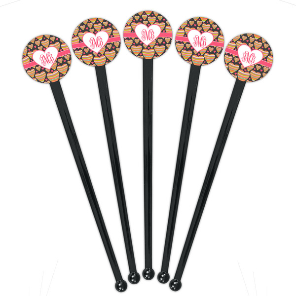 Hearts Black Plastic 7" Stir Stick - Round - Fan View