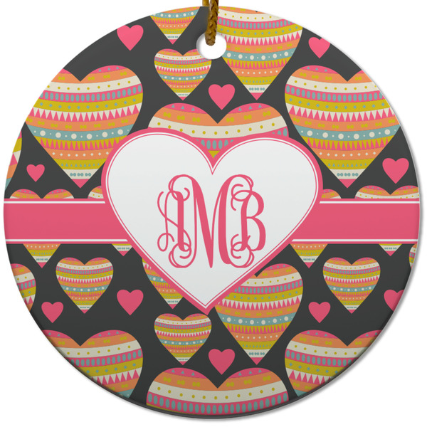 Custom Hearts Round Ceramic Ornament w/ Monogram