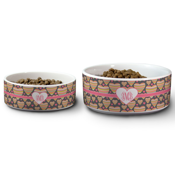 Hearts Ceramic Dog Bowls - Size Comparison