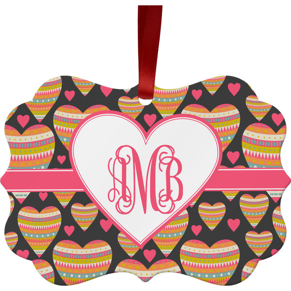 Custom Hearts Metal Frame Ornament - Double Sided w/ Monogram