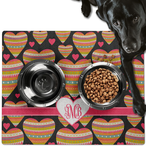Custom Hearts Dog Food Mat - Large w/ Monogram