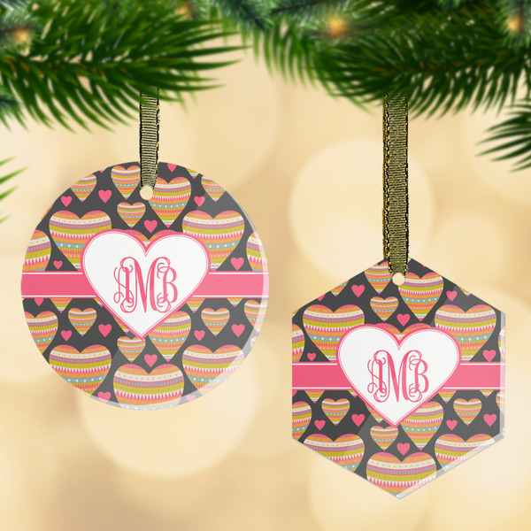 Custom Hearts Flat Glass Ornament w/ Monogram