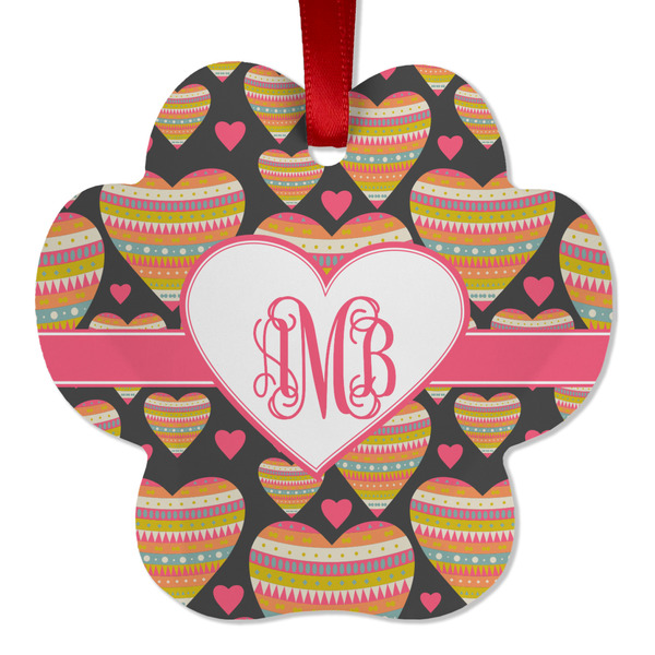 Custom Hearts Metal Paw Ornament - Double Sided w/ Monogram