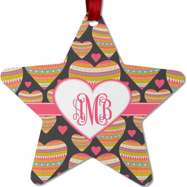Custom Hearts Metal Star Ornament - Double Sided w/ Monogram
