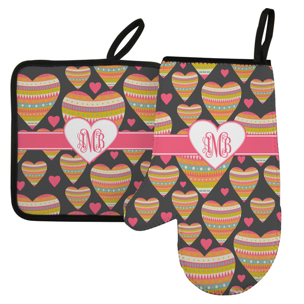 Custom Hearts Left Oven Mitt & Pot Holder Set w/ Monogram