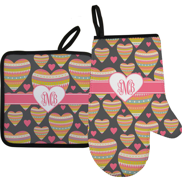 Custom Hearts Right Oven Mitt & Pot Holder Set w/ Monogram