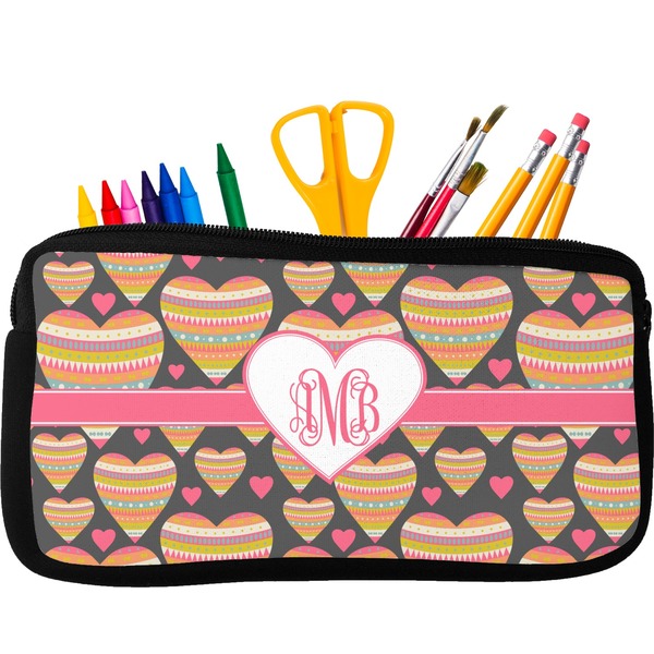 Custom Hearts Neoprene Pencil Case - Small w/ Monogram
