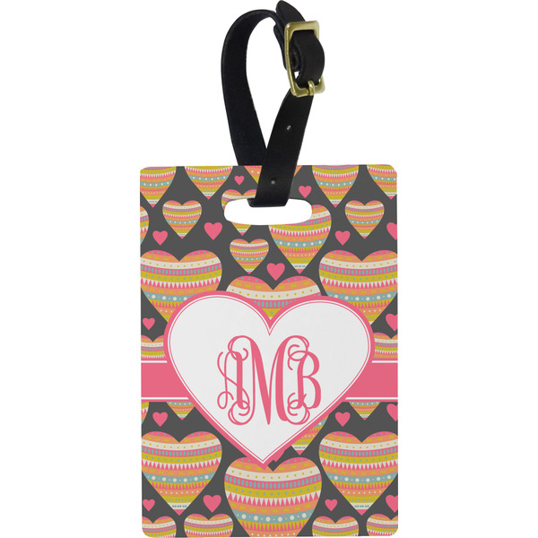 Custom Hearts Plastic Luggage Tag - Rectangular w/ Monogram
