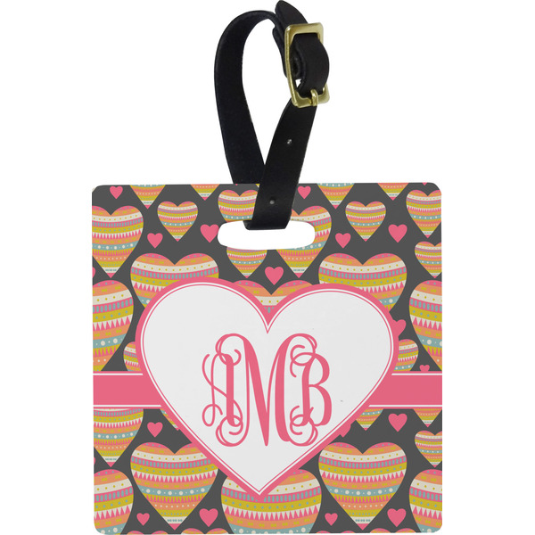 Custom Hearts Plastic Luggage Tag - Square w/ Monogram