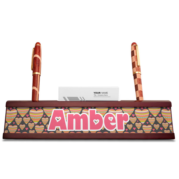 Hearts Red Mahogany Nameplates with Business Card Holder - Straight