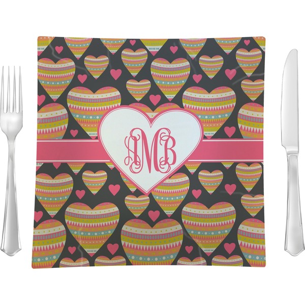Custom Hearts 9.5" Glass Square Lunch / Dinner Plate- Single or Set of 4 (Personalized)