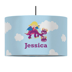 Girl Flying on a Dragon 12" Drum Pendant Lamp - Fabric (Personalized)