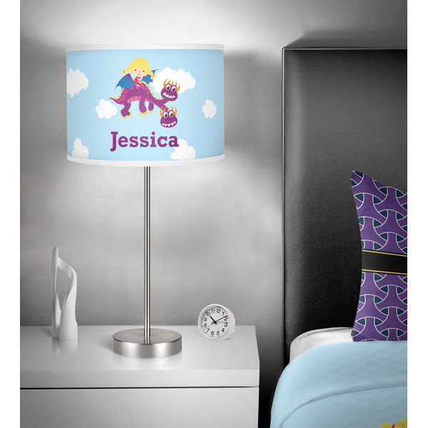 Girl Flying on a Dragon 13 inch drum lamp shade - in room