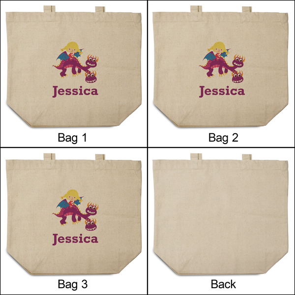 Girl Flying on a Dragon 3 Reusable Cotton Grocery Bags - Front & Back View