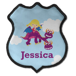 Girl Flying on a Dragon Iron On Shield Patch C w/ Name or Text