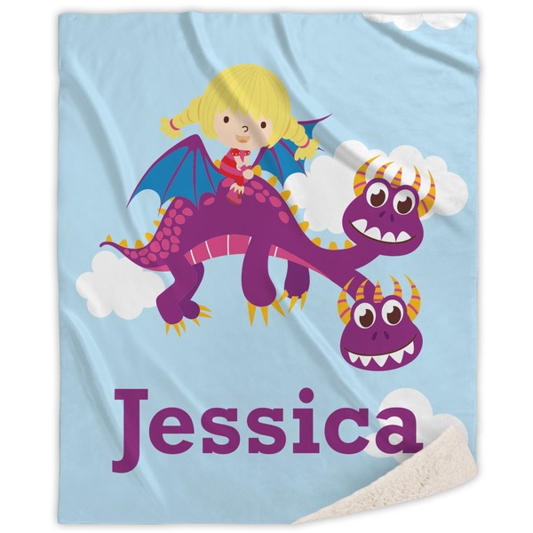 Custom Girl Flying on a Dragon Sherpa Throw Blanket - 50"x60" (Personalized)
