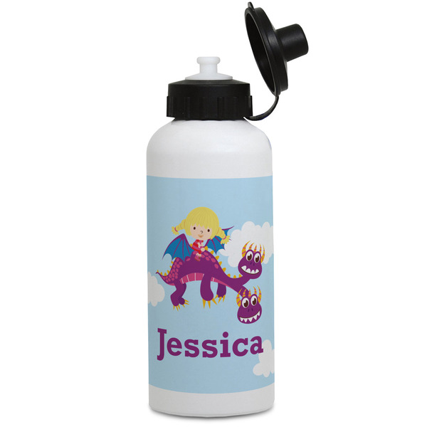 Custom Girl Flying on a Dragon Water Bottles - Aluminum - 20 oz - White (Personalized)