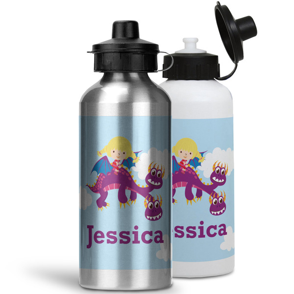 Girl Flying on a Dragon Aluminum Water Bottles - MAIN (white &silver)