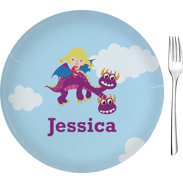 Custom Girl Flying on a Dragon Glass Appetizer / Dessert Plate 8" (Personalized)
