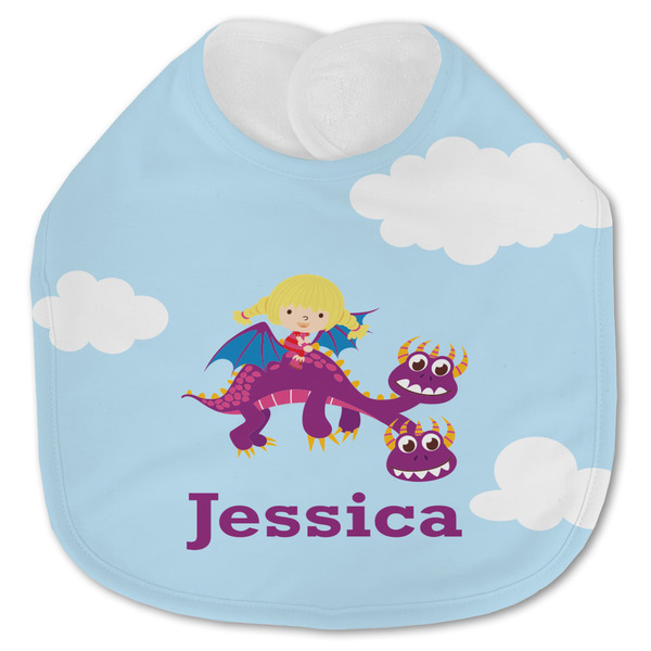 Custom Girl Flying on a Dragon Jersey Knit Baby Bib w/ Name or Text