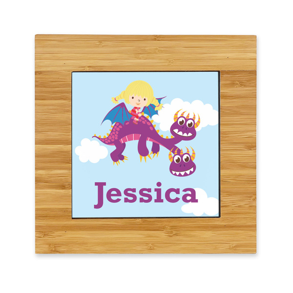 Custom Girl Flying on a Dragon Bamboo Trivet with Ceramic Tile Insert (Personalized)
