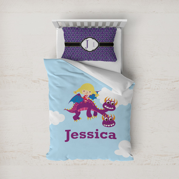 Custom Girl Flying on a Dragon Duvet Cover Set - Twin (Personalized)