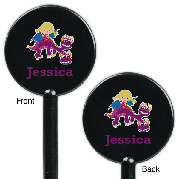 Girl Flying on a Dragon Black Plastic 5.5" Stir Stick - Double Sided - Round - Front & Back