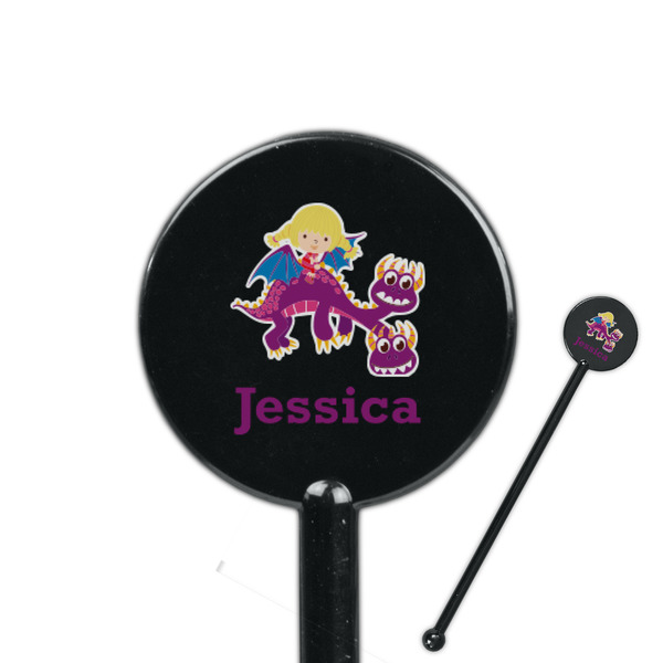 Custom Girl Flying on a Dragon 5.5" Round Plastic Stir Sticks - Black - Single Sided (Personalized)