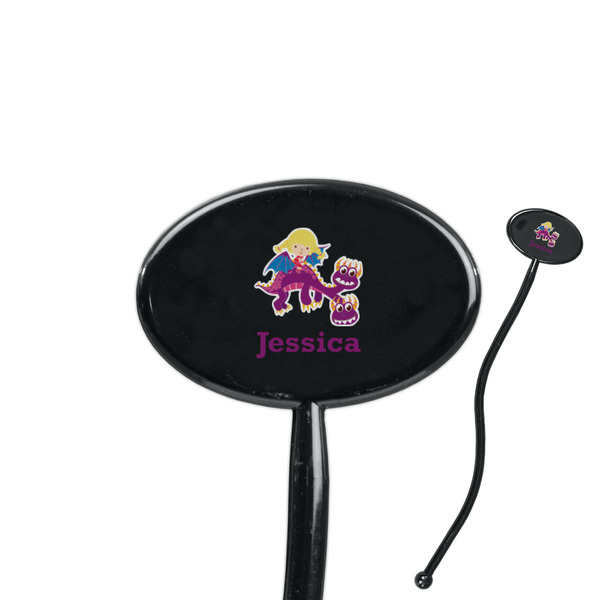 Custom Girl Flying on a Dragon 7" Oval Plastic Stir Sticks - Black - Double Sided (Personalized)