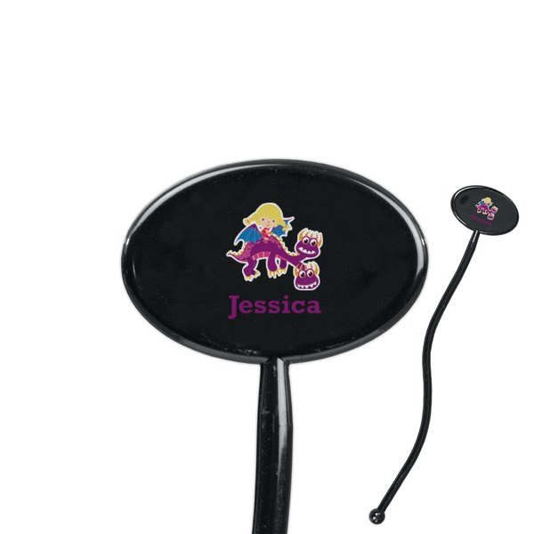 Custom Girl Flying on a Dragon 7" Oval Plastic Stir Sticks - Black - Single Sided (Personalized)