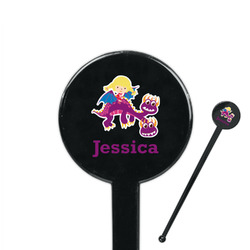 Girl Flying on a Dragon 7" Round Plastic Stir Sticks - Black - Double Sided (Personalized)
