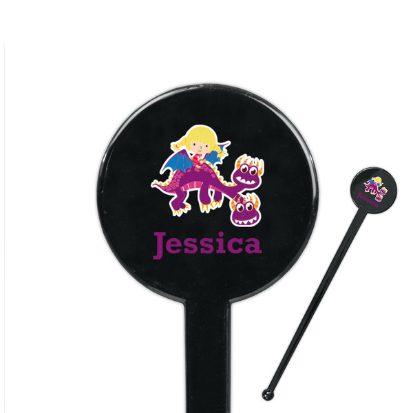 Custom Girl Flying on a Dragon 7" Round Plastic Stir Sticks - Black - Double Sided (Personalized)