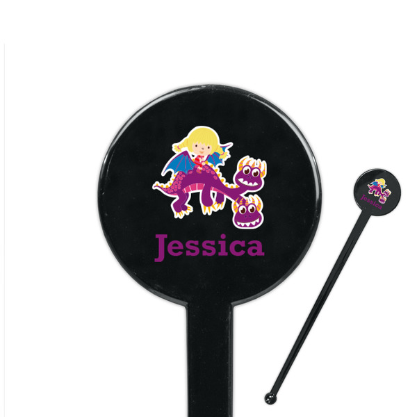 Custom Girl Flying on a Dragon 7" Round Plastic Stir Sticks - Black - Single Sided (Personalized)