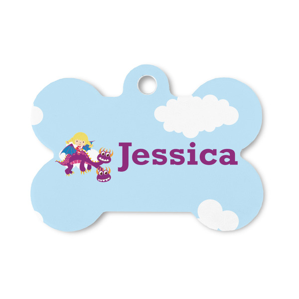 Custom Girl Flying on a Dragon Bone Shaped Dog ID Tag - Small (Personalized)