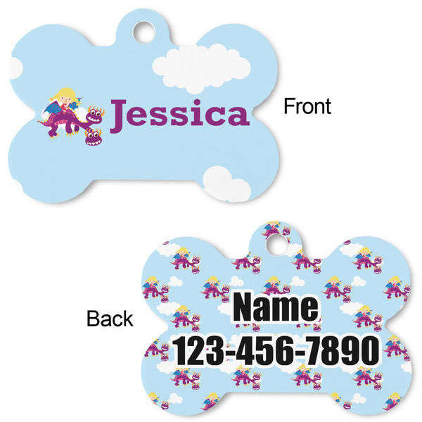 Girl Flying on a Dragon Bone Shaped Dog Tag - Front & Back