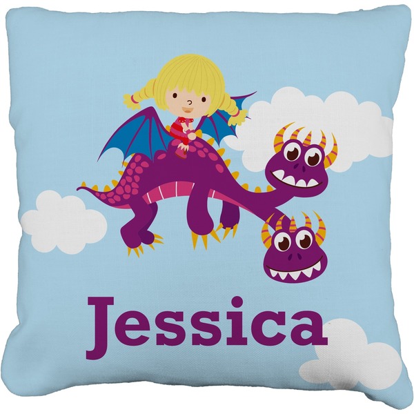 Custom Girl Flying on a Dragon Faux-Linen Throw Pillow 20" (Personalized)
