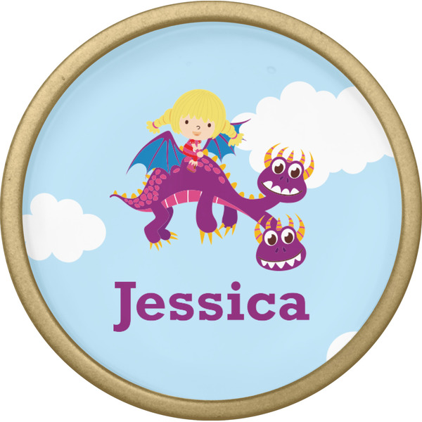 Girl Flying on a Dragon Cabinet Knob - Gold - Front