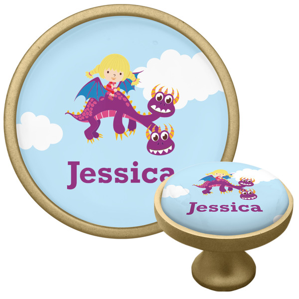 Custom Girl Flying on a Dragon Cabinet Knob - Gold (Personalized)