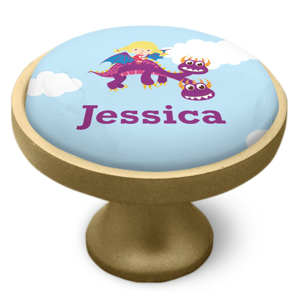 Girl Flying on a Dragon Cabinet Knob - Gold - Side