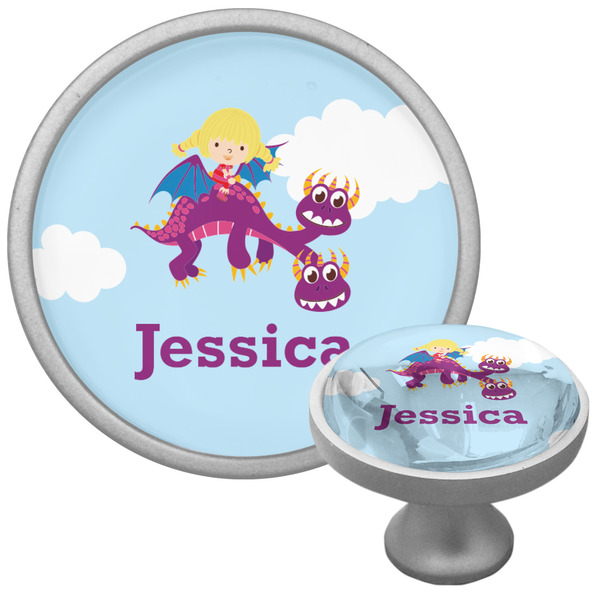Custom Girl Flying on a Dragon Cabinet Knob (Silver) (Personalized)