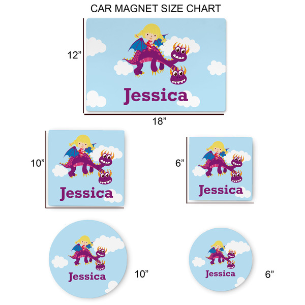 Girl Flying on a Dragon Car Magnets - SIZE CHART