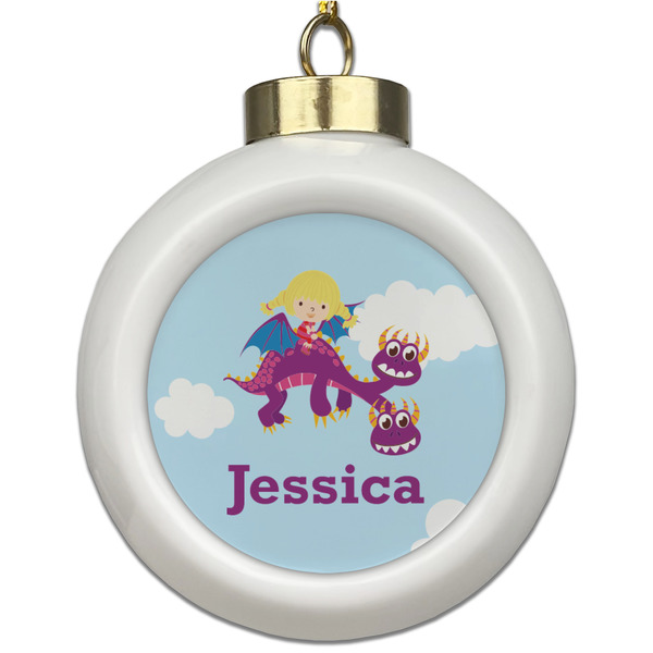 Custom Girl Flying on a Dragon Ceramic Ball Ornament (Personalized)
