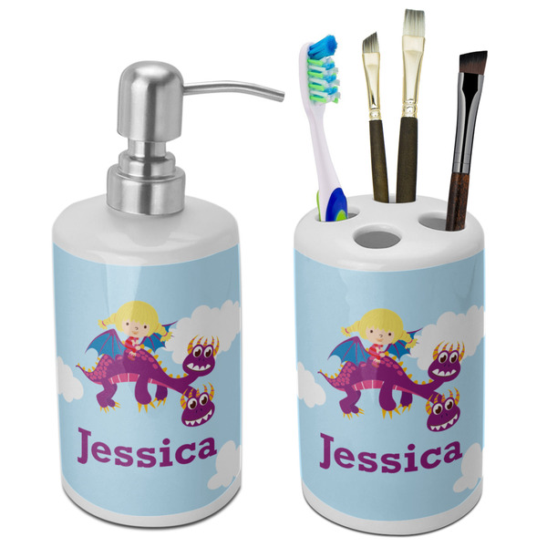 Custom Girl Flying on a Dragon Ceramic Bathroom Accessories Set (Personalized)