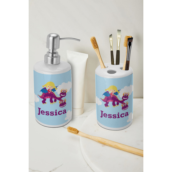 Girl Flying on a Dragon Ceramic Bathroom Accessories - LIFESTYLE (toothbrush holder & soap dispenser)