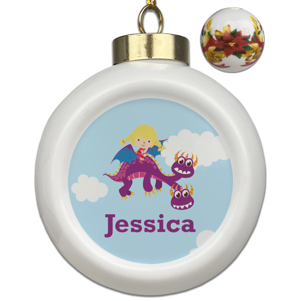Custom Girl Flying on a Dragon Ceramic Ball Ornaments - Poinsettia Garland (Personalized)