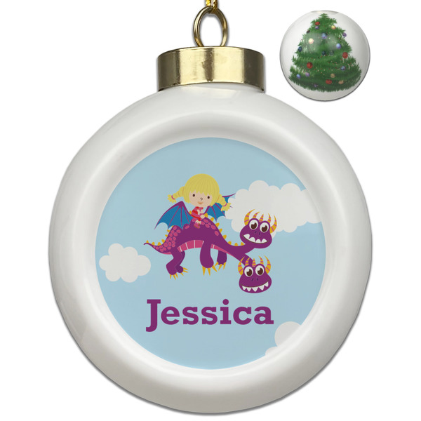 Custom Girl Flying on a Dragon Ceramic Ball Ornament - Christmas Tree (Personalized)